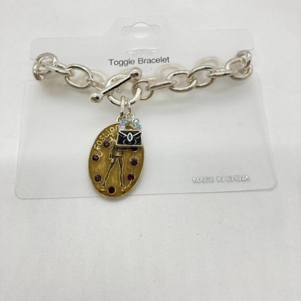 Fashion Girl Toggle Bracelet Silver Tone Chain Red Rhinestone Charm Handbag NEW